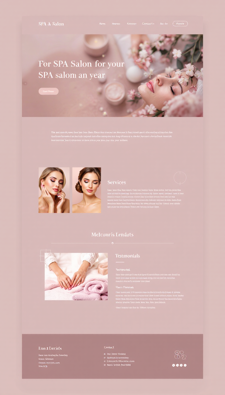 Design a simple and clean one-page website for a SPA salon, featuring elegant visuals, a soothing color palette, and sections for services, testimonials, and contact information.