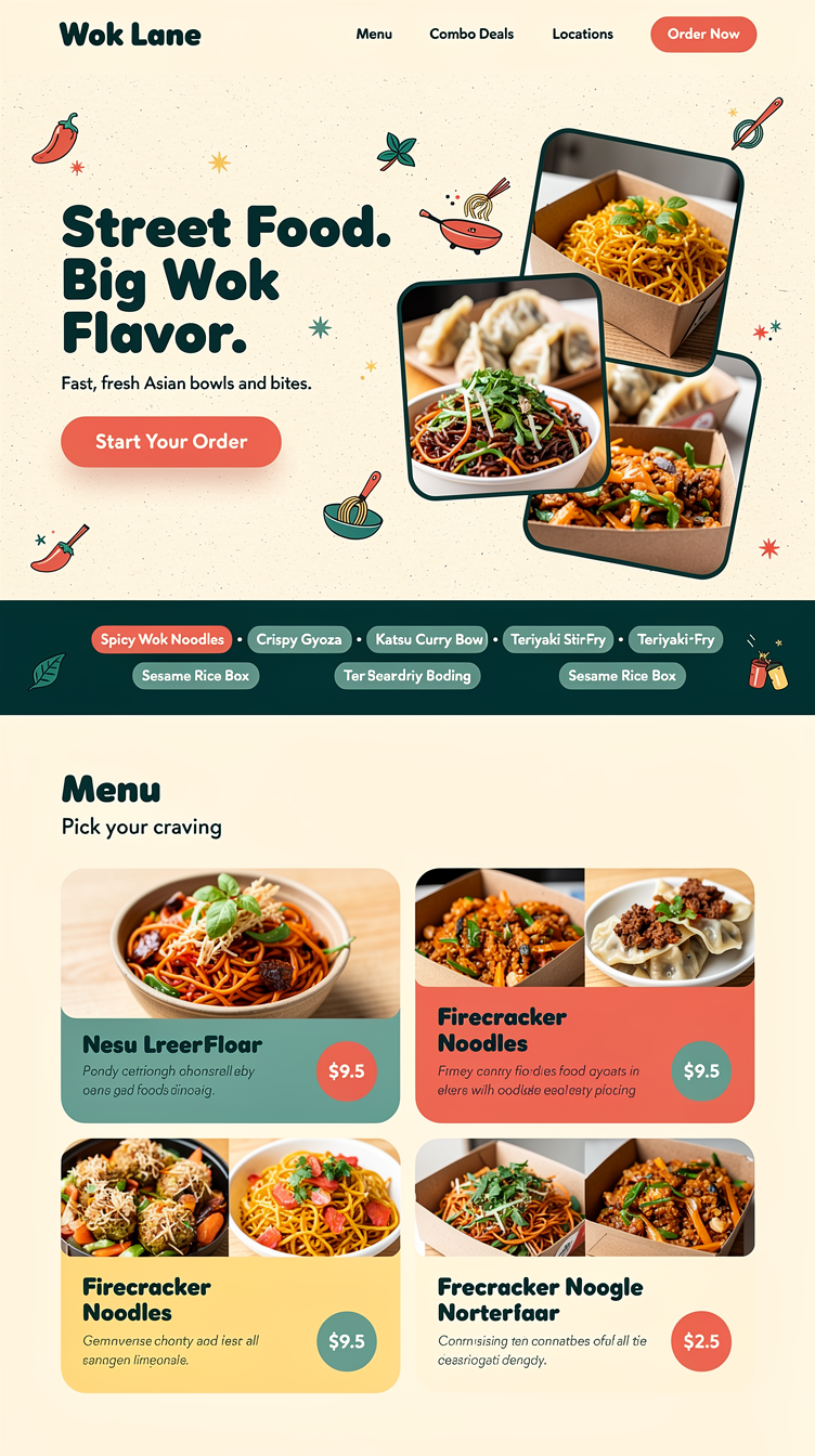Full-page website mockup for "Wok Lane" Asian street food takeaway. Direction: playful sticker-market. Deep teal and hot coral palette on a cream base, chunky rounded cards, hero with a bold stacked headline in a rounded display font over a collage of three overlapping food photos at slight angles, big coral CTA button. Menu as a masonry grid of colorful dish cards with circular price badges, a "combo deals" band, marquee strip of dish names, friendly and energetic mood.