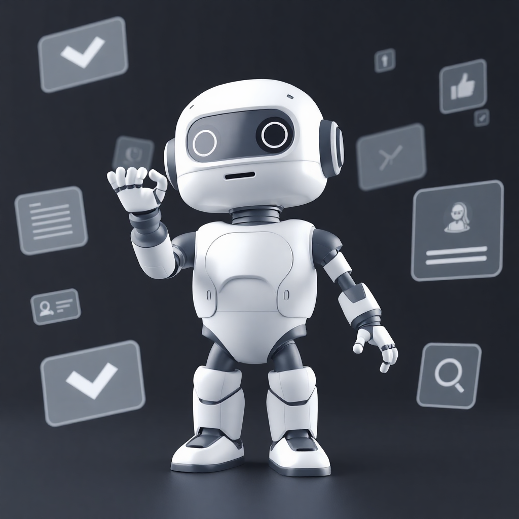 3d robot character interacting with floating ui elements, demonstrating ai website building capabilities