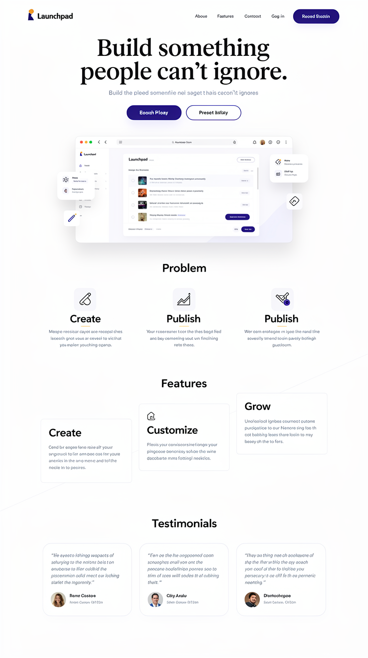 Light, airy, ultra-minimal product landing page for "Launchpad" on off-white #e2e8f0 background with near-black #0f172a typography and a single restrained indigo accent used only for the primary button and a few underlines. Hero is centered with a huge serif display headline "Build something people can't ignore.", short subtitle, pill-shaped CTA buttons, and below it a wide realistic browser-window product mockup with soft drop shadow and small floating rounded UI badges overlapping its edges. Problem section as three minimal icon cards in a row. Features section as a diagonal staggered layout (alternating left/right) for Create, Customize, Publish, Grow. Testimonials as a clean three-column card grid with subtle borders. Soft, spacious, magazine-like grid, generous margins, refined micro-details, no gradients or glass effects.
