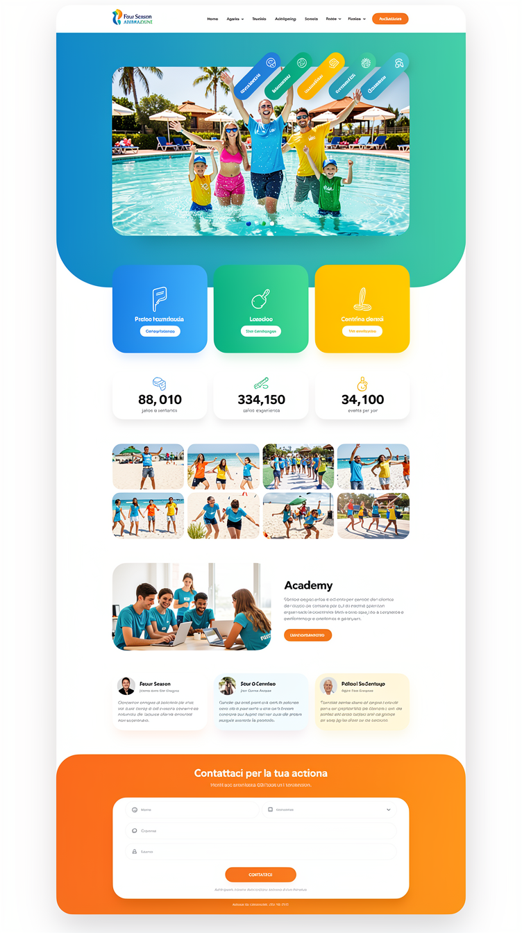 Full-page website mockup for "Four Season Animazione", Italian tourist animation agency, fresh and dynamic. Hero with a soft blue-to-teal gradient panel and rounded corners containing a bright summer photo of animators with kids at a holiday village pool, floating rounded info chips. Palette blue, green, yellow, orange on white with lots of air. Vertical rhythm of alternating full-bleed and split sections, a services section as large rounded tiles each in a different brand color with white icons, a stats row, curved section dividers, gallery with rounded thumbnails, academy section with imagery, testimonial cards with photos, and a vibrant orange gradient final CTA with a contact form. Clean rounded modern typography, friendly premium feel, soft shadows, smooth flowing composition.