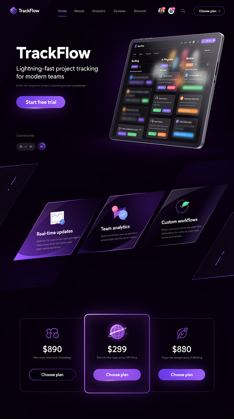 Landing page for "TrackFlow" project-tracking SaaS. Dark dramatic theme, near-black deep violet (#4c1d95) background with electric purple (#7c3aed) glowing gradients and neon accents, split-screen hero with large kanban dashboard mockup, glassmorphism cards, bold geometric feature section, high-contrast pricing. Futuristic tech startup mood.