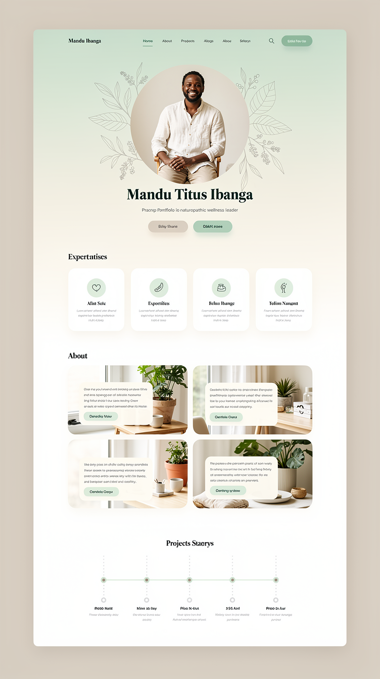 A warm, soft, organic-modern personal portfolio design for a naturopathic wellness leader Mandu Titus Ibanga. Hero section with a soft mint-to-cream gradient background (#d1fae5 to #f7faf5), a large circular photo of an African man in relaxed professional wellness attire surrounded by thin botanical illustration linework, warm serif headline in deep emerald (#064e3b), soft rounded pill buttons with subtle shadow. Below sections use generous white space, rounded card grids for expertise and services with pastel emerald icon badges, a horizontal photo-and-text alternating story for About and Projects, and a light timeline with dotted connectors. Gentle, human, trustworthy wellness spa-like aesthetic with premium typography.
