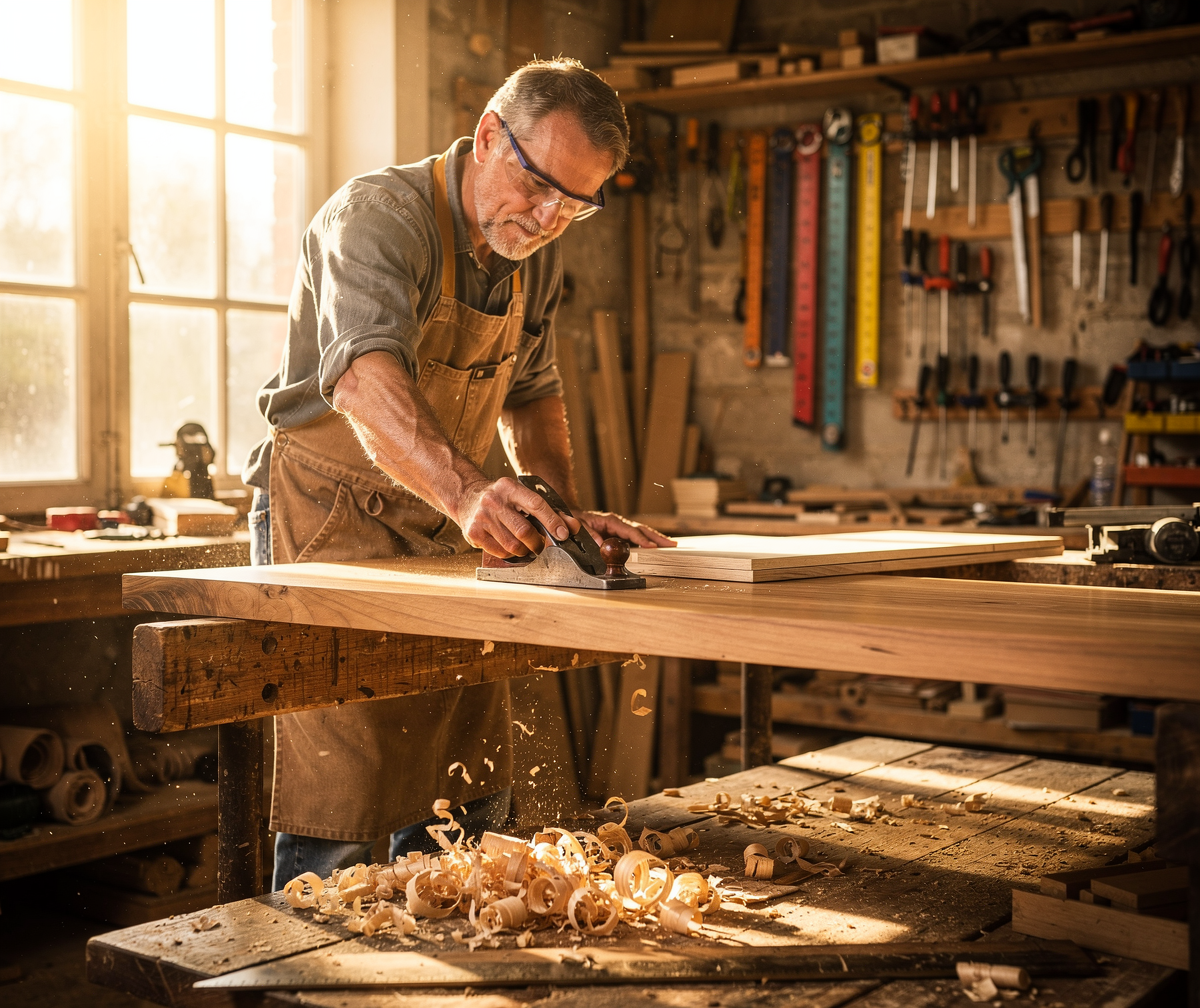 Photorealistic carpenter shaping solid wood furniture in a bright sunlit woodworking workshop, warm natural colors, wood shavings on the floor, wide windows with sunlight, high detail photography