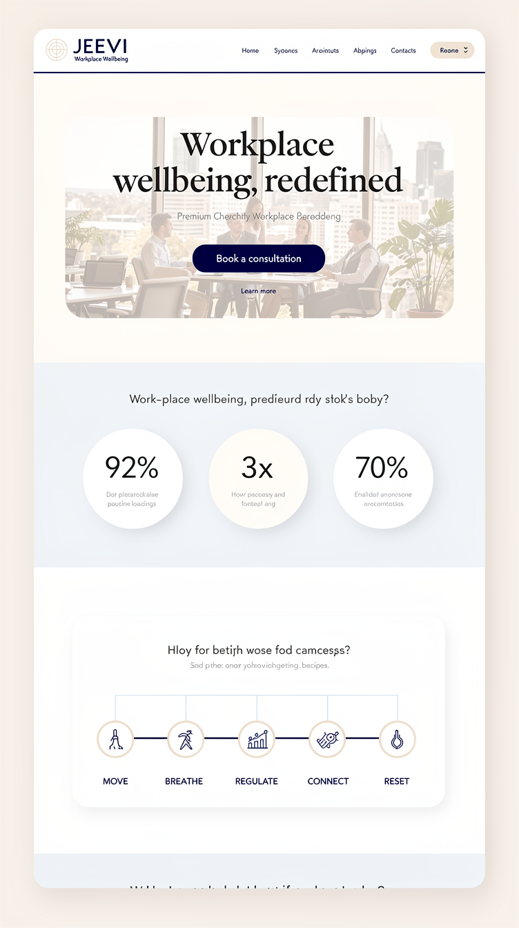 Minimalist, airy landing page for JEEVI Workplace Wellbeing with an editorial-calm mood. Centered hero on soft off-white background with a small sapphire accent line, huge confident serif headline, muted photo of a calm modern Sydney office interior with soft natural light beneath the headline in a rounded-corner frame, single centered CTA pill button in sapphire. Sections flow vertically with alternating full-width pale sapphine (#eff6ff) bands and white bands, statistics shown as three circular badges with big numerals, five-step MOVE BREATHE REGULATE CONNECT RESET shown as a horizontal timeline with connecting line and circular icon nodes. Soft shadows, rounded cards, lots of negative space, understated premium typography, no gym or spa visuals.