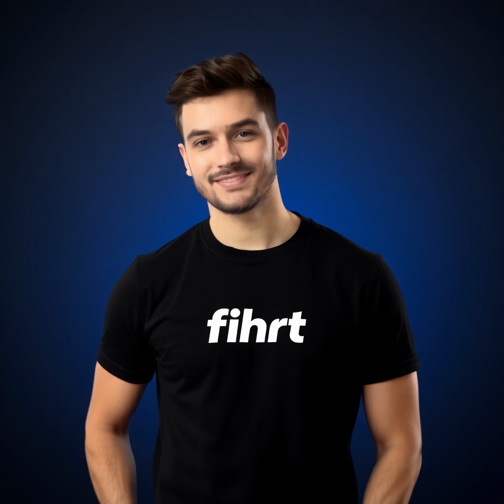 man wearing a black t-shirt with fihrt logo