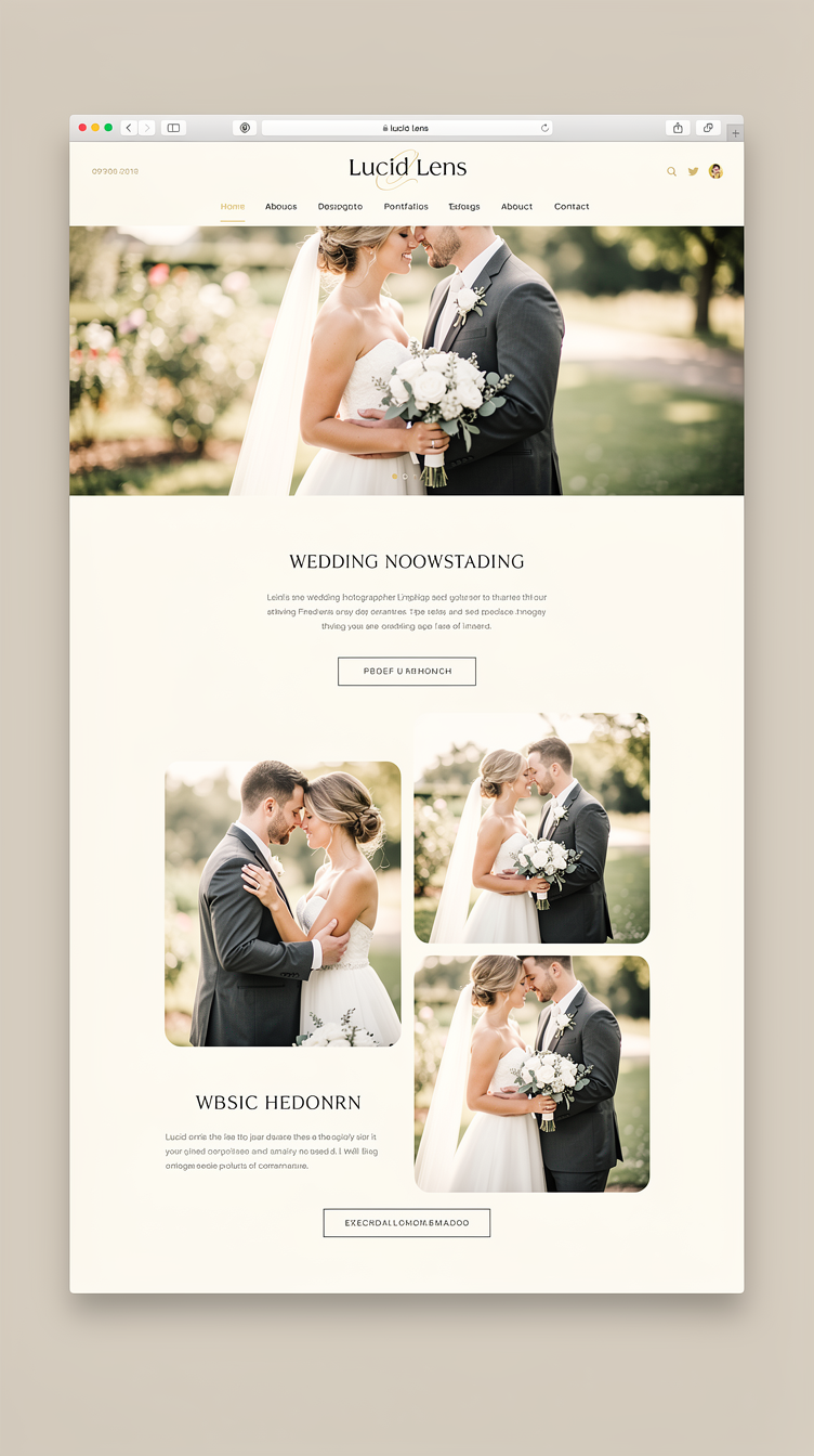 Elegant wedding photographer portfolio homepage "Lucid Lens". Minimal editorial style: full-bleed romantic wedding hero photo, thin serif logo top-center, generous white space, refined serif headings, muted ivory and charcoal palette, masonry gallery grid, subtle gold accents. Sophisticated and airy.