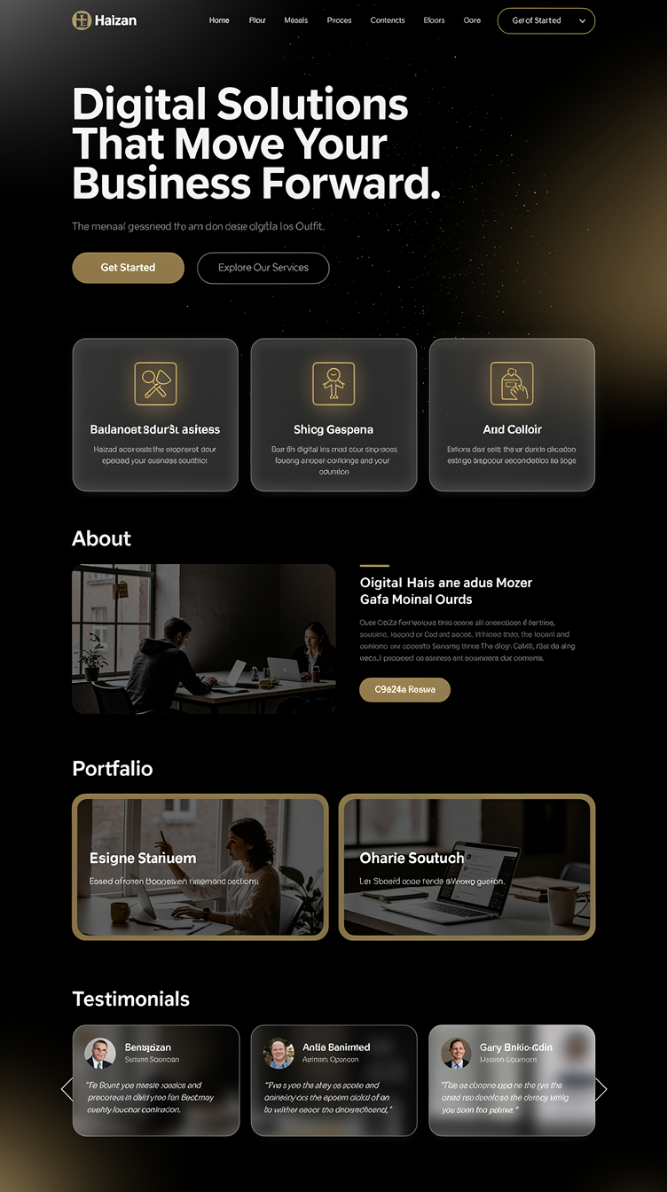 Premium dark digital agency homepage for "Haizan Studio". Near-black background (#0a0a0a), subtle gold (#c9a24a) and white accents. Hero: full-bleed dark video/gradient backdrop with faint moving particles, huge bold Outfit display headline "Digital Solutions That Move Your Business Forward.", subheadline in Inter, gold primary CTA button "Get Started" and ghost outline secondary CTA "Explore Our Services". Below: glassmorphism service cards in a 5-column grid with thin gold-bordered icons, an About section split with image left and text right, a portfolio grid of 4 glass cards with project thumbnails, testimonials as a horizontal glass carousel, and a dark footer with gold divider lines. Clean minimal spacing, soft gradients, modern sans-serif typography, professional and trustworthy mood.