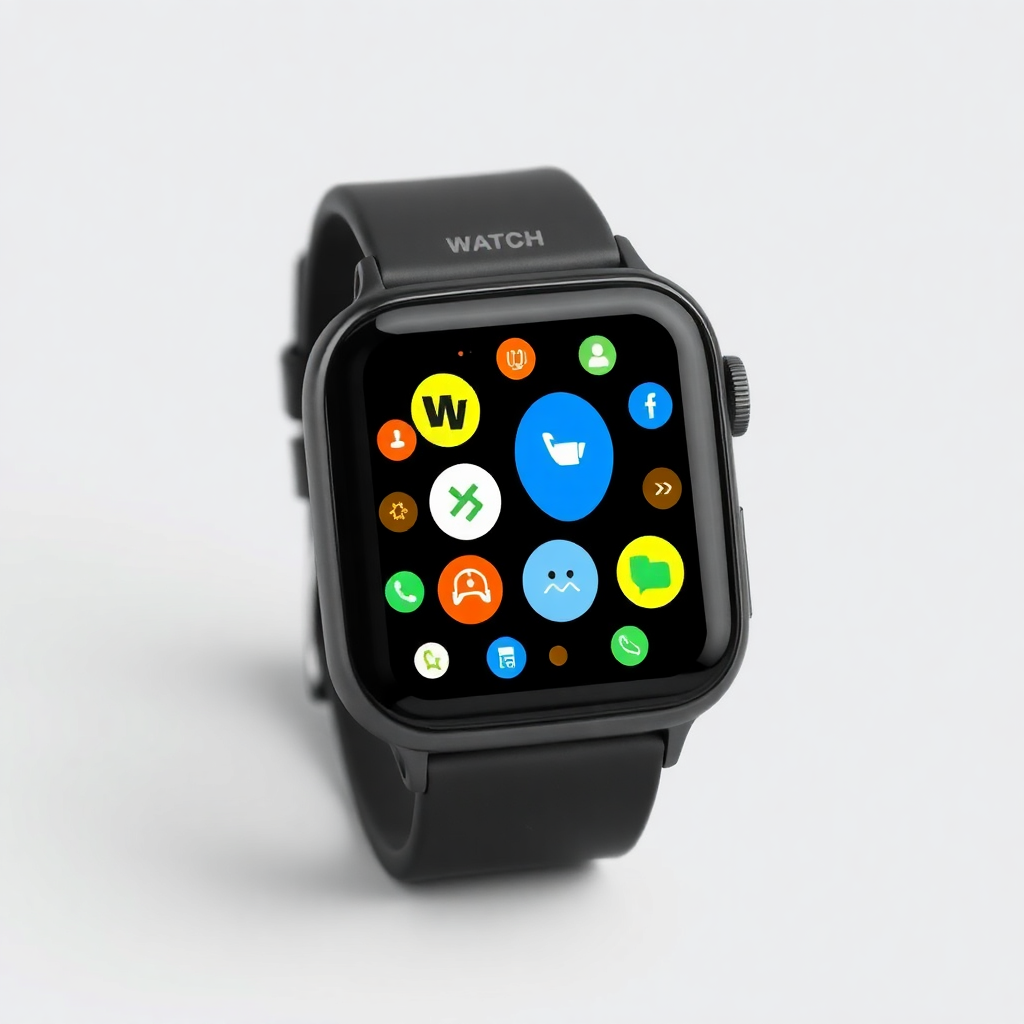 sleek black smartwatch with a large display showing various apps and notifications
