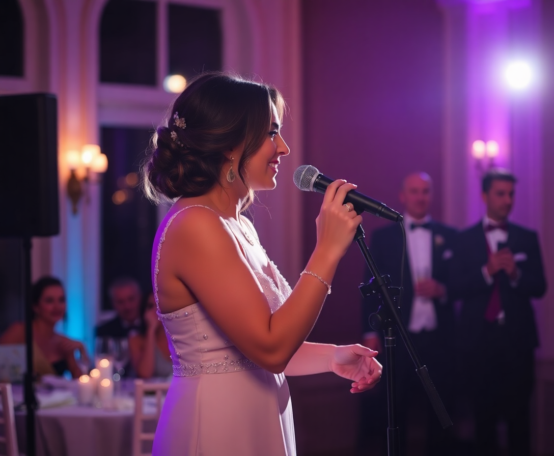 vocalist performing with a microphone at an elegant evening event