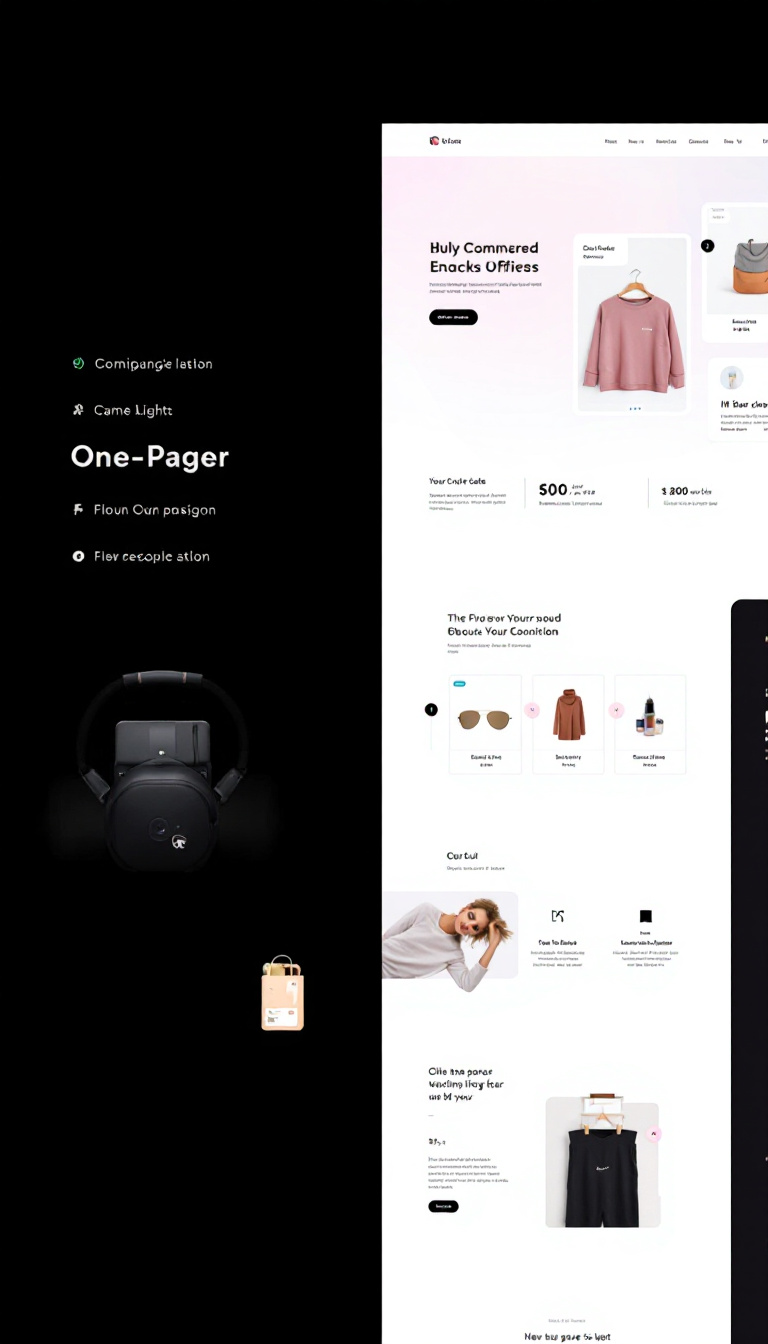 Create a simple and clean one-page website design for an online e-commerce store, featuring a product showcase, shopping cart, and a user-friendly navigation layout.