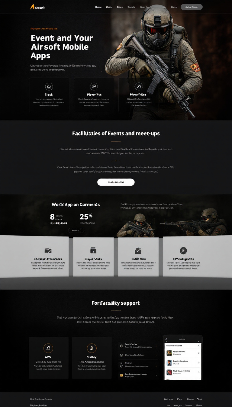 Design a one-page website for an airsoft mobile app that facilitates events and meet-ups. The site should highlight features like tracking attendance, player stats, public profiles, and GPS integration for gameplay support.