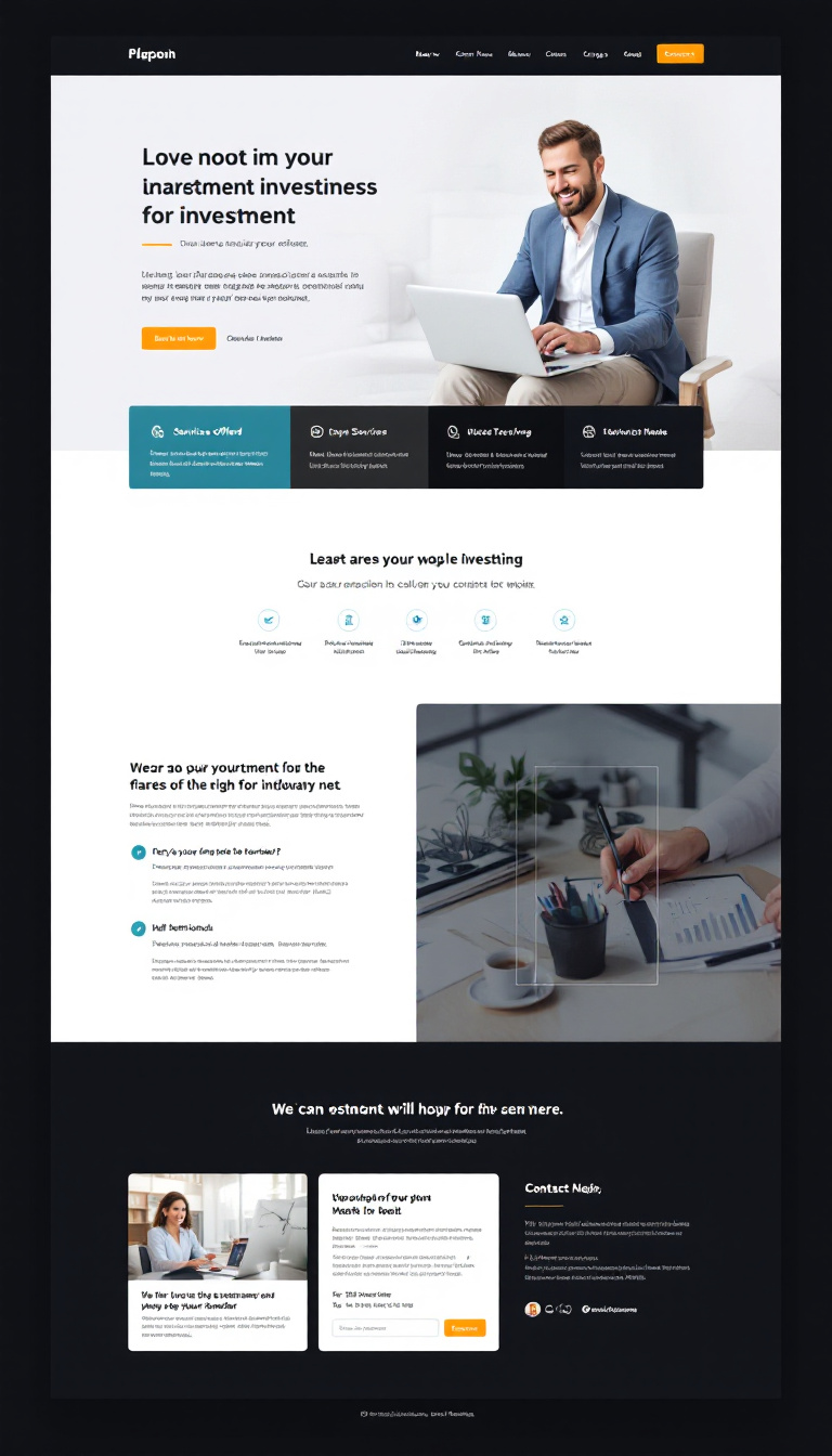 Design a clean and simple one-page investment website featuring sections for services offered, testimonials, and contact information. Use a modern layout with an emphasis on professionalism and user-friendly navigation.