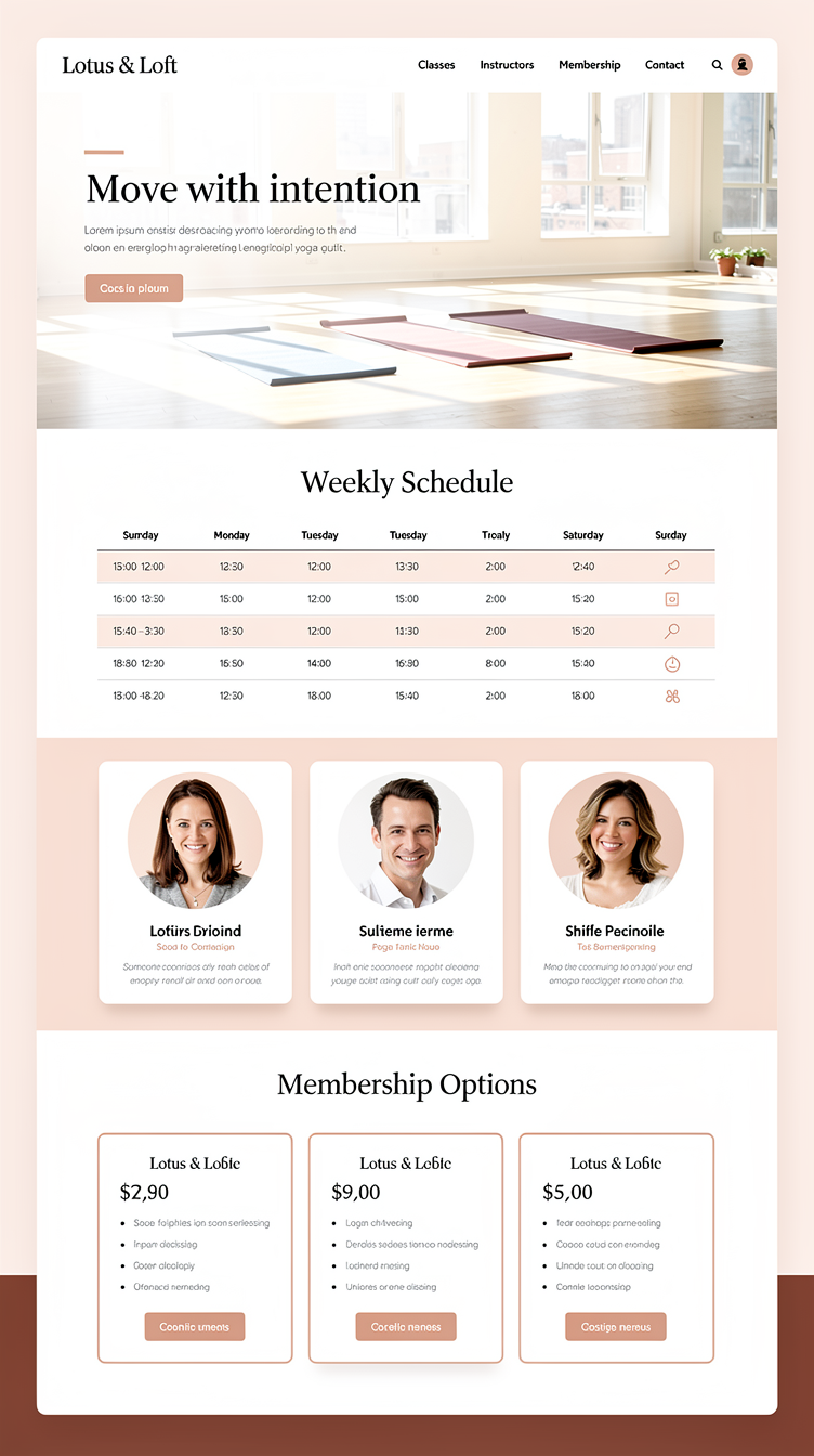 Full-page website mockup for "Lotus & Loft", a modern energetic yoga studio, minimalist and airy. Centered hero with a wide cinematic photo of a bright sunlit studio, a light and confident headline above, delicate orange accent line. Palette: warm white, soft peach, terracotta accents, deep espresso text. Sections: a weekly class schedule as an elegant table, instructors in a clean 3-column grid with rounded photos, membership pricing in minimal outlined cards, and a calm contact form. Refined, breathable, gallery-like spacing, thin dividers, elegant sans-serif typography.