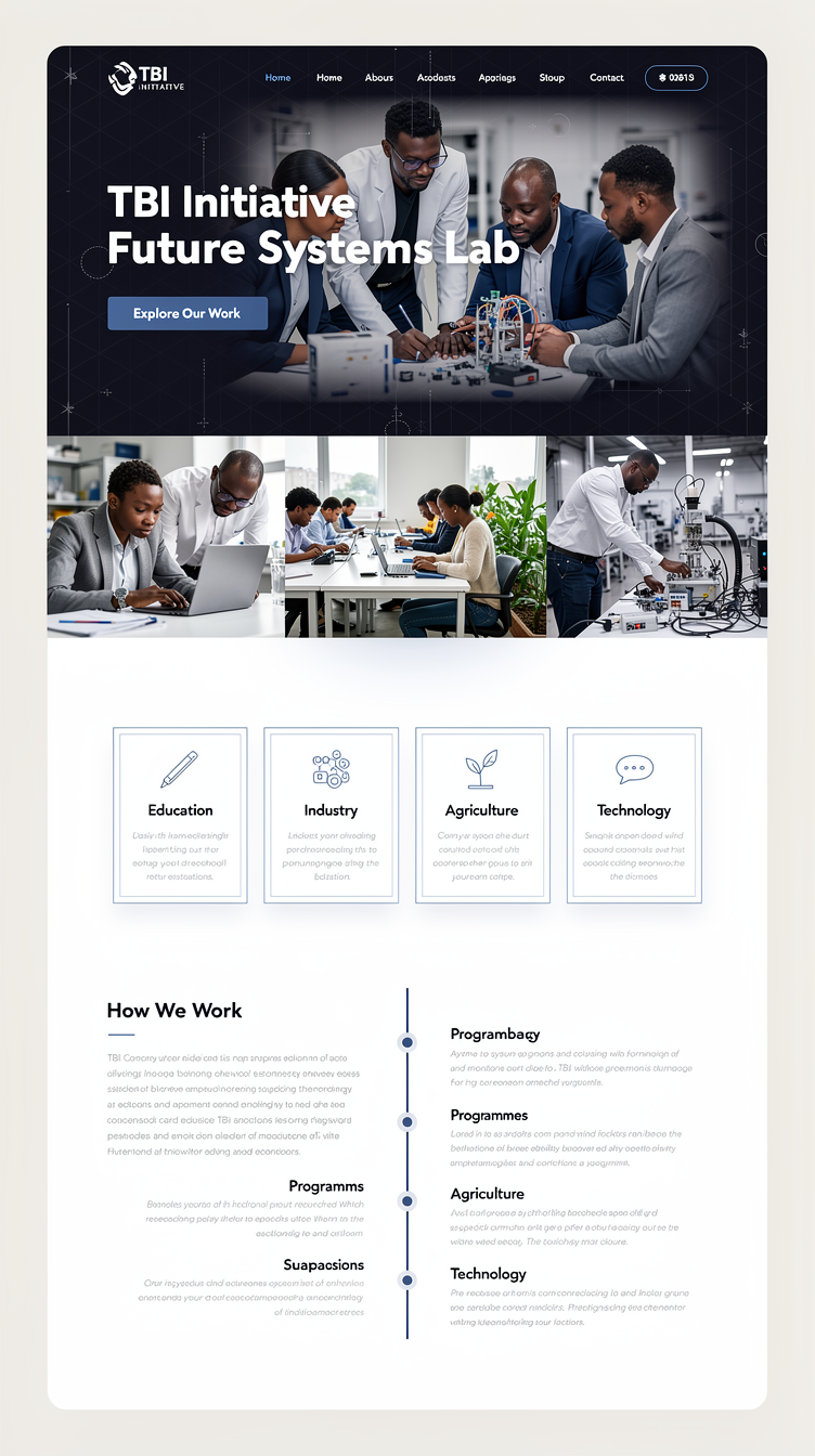 Premium institutional website for "TBI Initiative". Concept 2: "Future Systems Lab" — dark navy hero section with fine geometric grid lines and a single striking full-width photo of African innovators/engineers working, overlaid with bold white/off-white display typography and one blue accent CTA button. Below the hero the page shifts to a light off-white background with asymmetric split image/text sections, elegant bordered cards for programmes (education, industry, agriculture, technology), and a timeline-style layout for "how we work". Sophisticated, confident, tech-forward but calm, generous whitespace, no neon, no clutter.