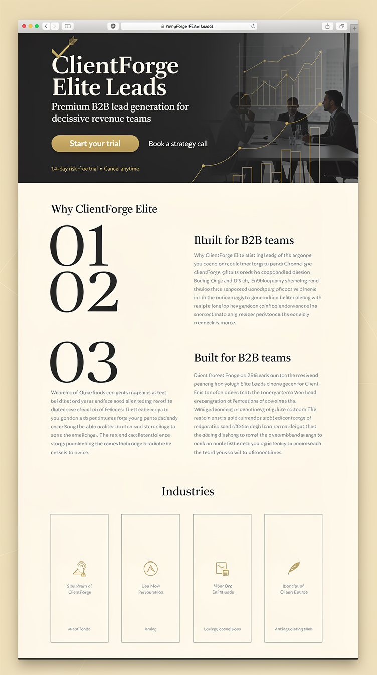 Full-page website mockup for "ClientForge Elite Leads", a premium B2B lead generation service. Direction C — Luxury Ivory Contrast: hero is a full-bleed charcoal band, but the rest of the page sits on warm ivory #F7F4EE with charcoal type and gold #D4AF37 details; oversized Playfair Display headline centered-offset with a thin gold checkmark+arrow mark above, gold pill trial banner, single dominant gold CTA button plus text link; sections use an asymmetric 7/5 editorial grid with large numerals, ultra-thin dividers instead of card shadows, an industries row of four tall minimal tiles, and a pricing area with the ₹999 trial as a large gold-bordered feature block beside two compact tiers. Airy, gallery-like, luxurious restraint.