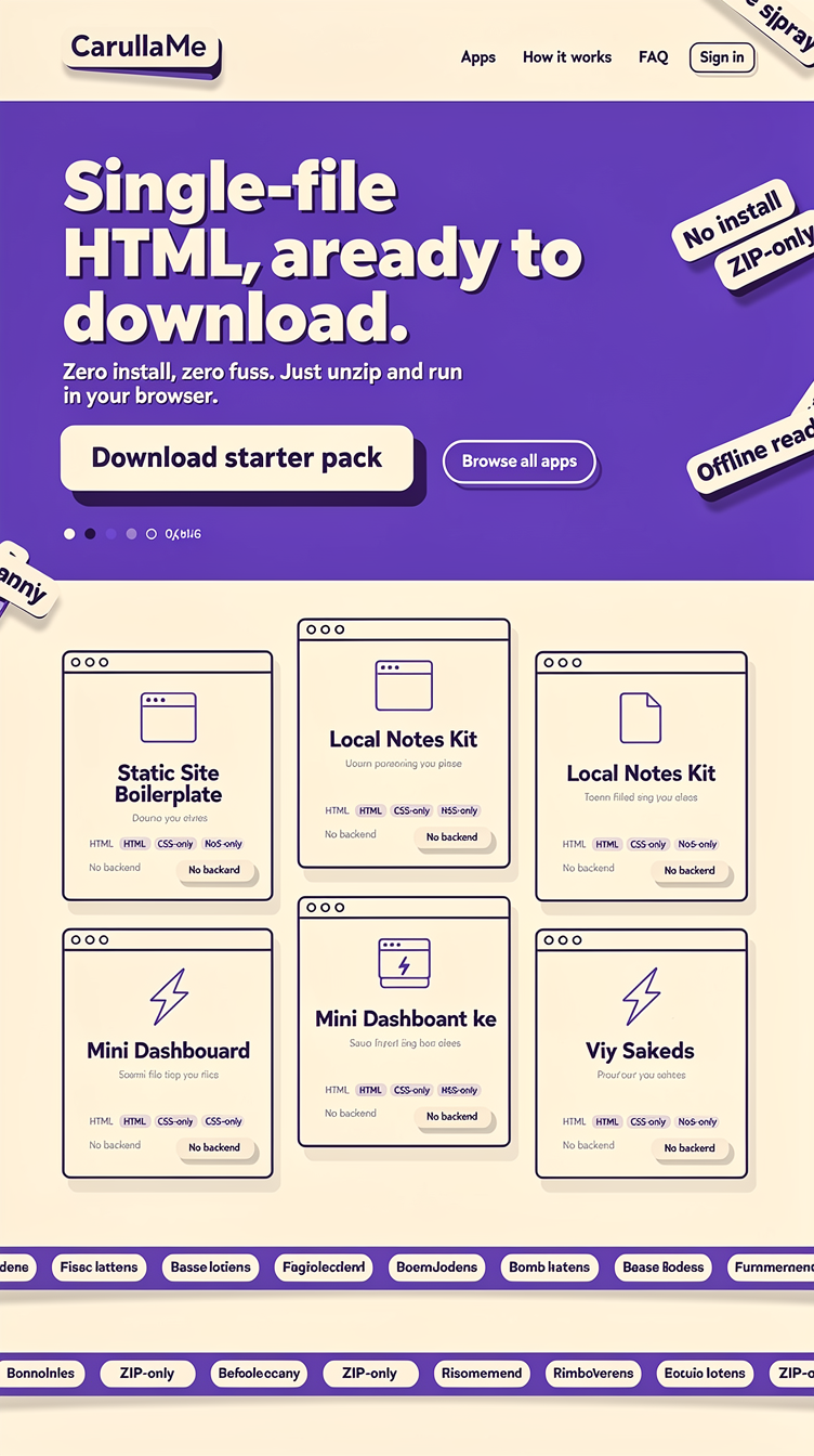 Full-page homepage mockup for "CarullaMe", a place to download single-file HTML software as zips. Playful neo-brutalist tech direction: bright violet (#7c3aed) and cream (#f5f3ff) blocks, thick 2px dark-violet outlines, chunky offset shadows on cards and buttons, oversized bold grotesk type, sticker-like badges. Hero is a full-bleed purple block with giant headline and a chunky download button; below, a bold masonry grid of app cards with outline icons, a marquee strip of file types, and a high-contrast FAQ/CTA block. Fun, confident, high energy.