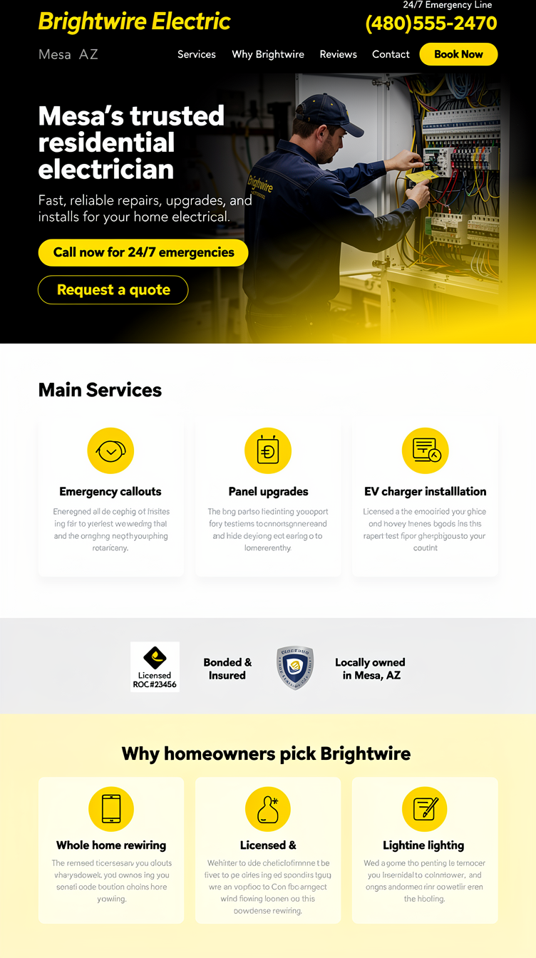 Homepage one-page website for Brightwire Electric, a residential electrician in Mesa, AZ, featuring a bold hero with 24/7 emergency call-to-action and very large phone number in the header, sections for main services (emergency callouts, panel upgrades, EV charger installation, lighting & ceiling fans, whole-home rewiring), licensing badges, and a "Why homeowners pick Brightwire" block highlighting licensed & insured, upfront pricing, and same-week scheduling. Design: high-contrast, punchy tradesman energy in yellow and black with clean layout, bold typography, and clear CTAs.