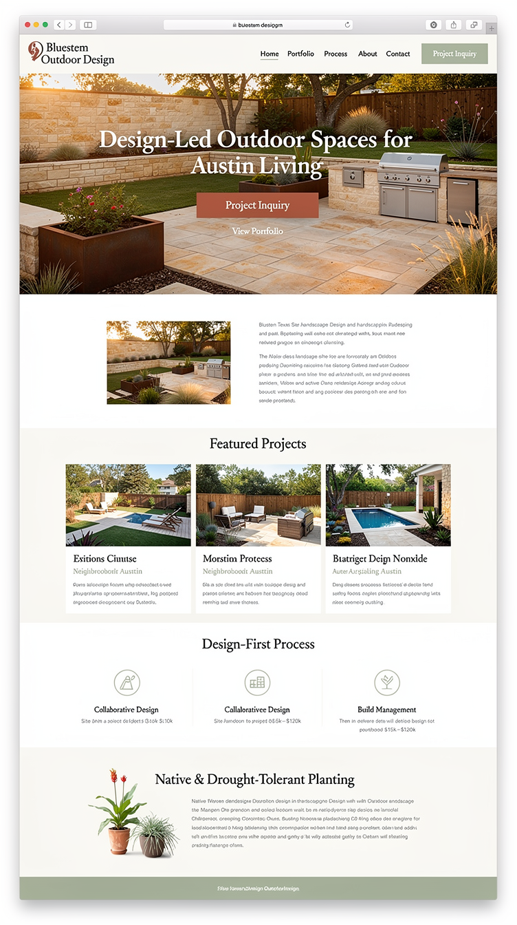 Homepage mockup for Bluestem Outdoor Design, an Austin, Texas landscape design and hardscaping studio (patios, retaining walls, outdoor kitchens, native drought-tolerant planting) with projects typically $15k–$120k and a design-first process starting with site plans. Clean, premium editorial one-page layout led by large portfolio imagery, off-white background with sage and terracotta accents, elegant typography, clear design-first tagline and a prominent "Project Inquiry" call-to-action.