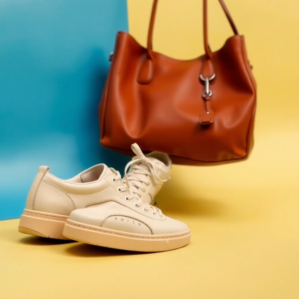 stylish beige sneakers and brown leather handbag on colorful background
