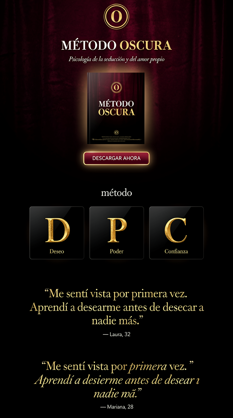 Full-page sales landing page for psychological seduction/self-worth ebook "MÉTODO OSCURA" for women. Dark luxe mysterious direction with a spotlight aesthetic: deep oxblood-to-black gradient background, glowing gold accents like candlelight, elegant high-contrast serif display type with italic accents. Centered symmetrical hero with a glowing gold monogram "O", dramatic vignette, single crimson CTA with gold border. Method section as a horizontal row of dark glass cards each with a large gilded letter. Emotional testimonial-style pull quotes in italics. Feels like an intimate, secretive luxury brand — velvet, gold foil, shadows, romantic and psychologically intense.
