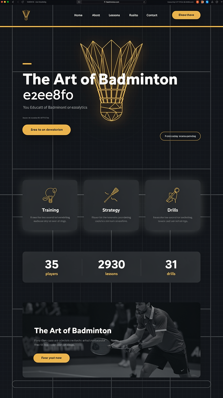 Homepage for "The Art of Badminton" educational sport site, modern minimalist dark-mode design. Midnight background (#0f172a) with slate cards (#1e293b), pale text (#e2e8f0), single bold amber-gold accent line and buttons. Hero is centered with a large geometric shuttlecock illustration motif made of thin gold lines, bold sans-serif display type, tight kerning, subtle grid background pattern. Below: icon-driven feature grid on dark slate cards with soft glow shadows, a horizontal stats bar with big numerals, and a full-width dark image band with text overlay. Clean, techy, precise court-line grid motifs throughout.