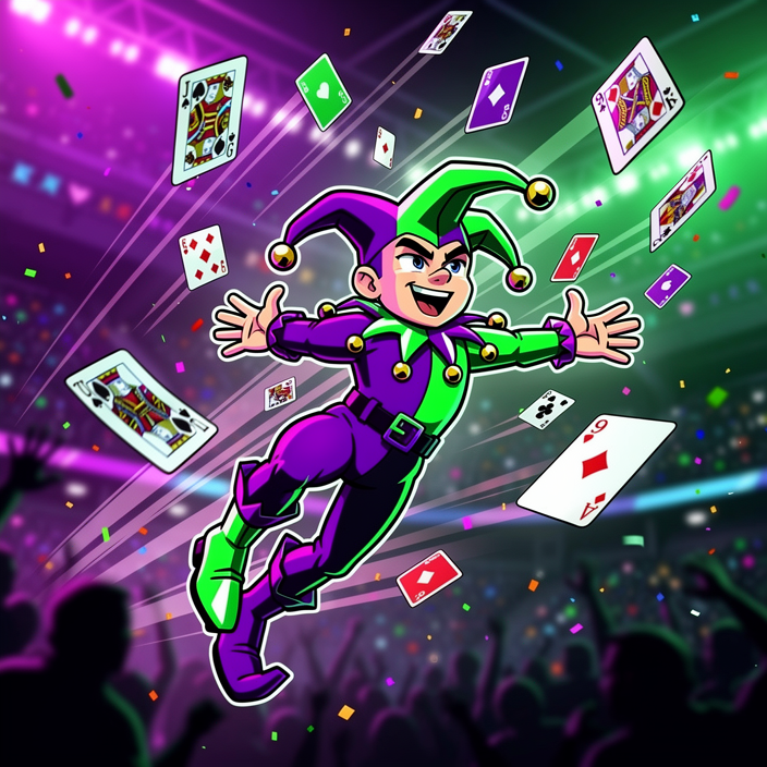 Exciting victory celebration, cartoon jester mascot character throwing playing cards in the air, neon purple and green lighting, dynamic energetic pose, digital illustration