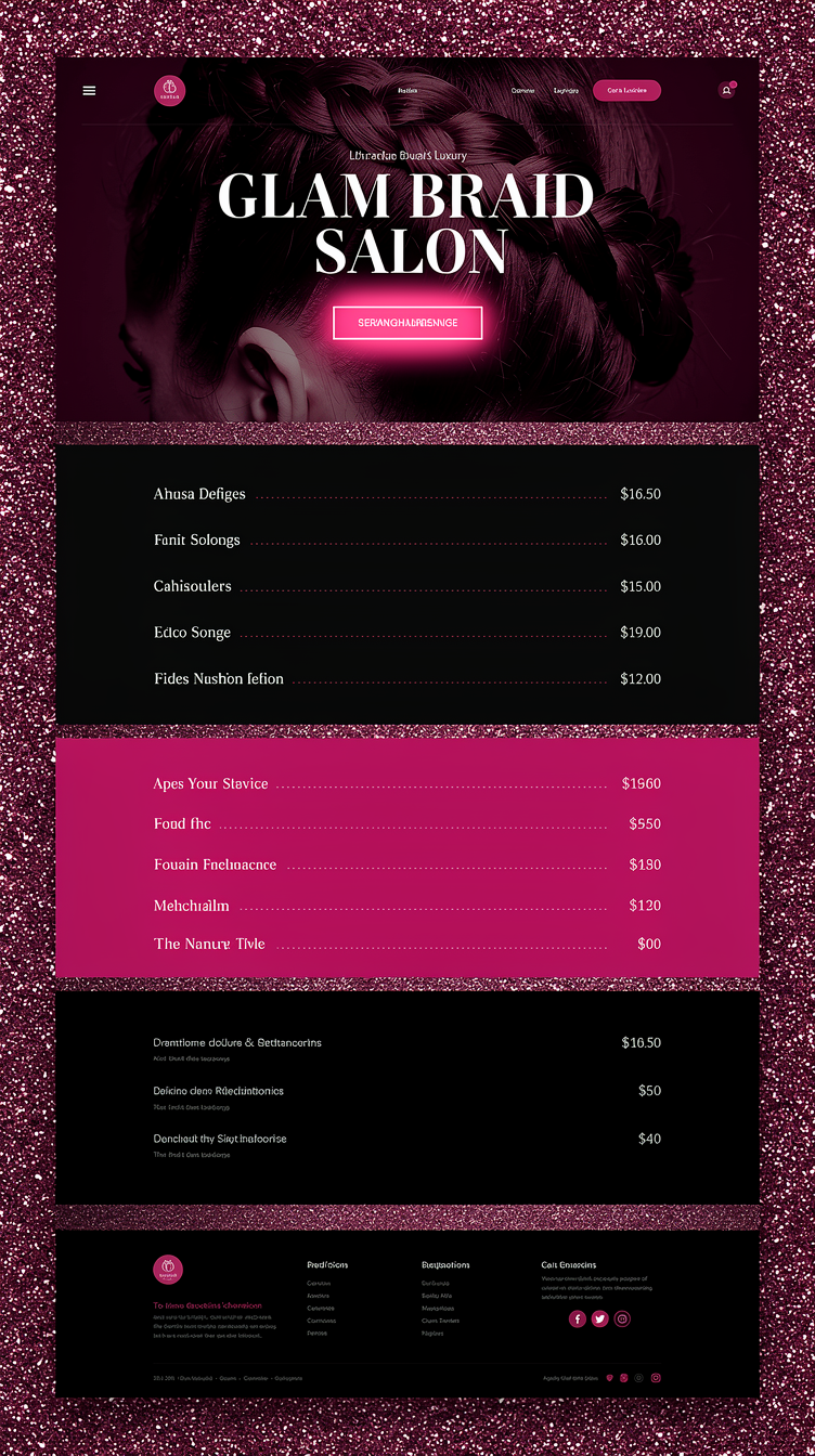 Luxury glam braid salon website, deep magenta and black background with metallic pink glitter foil accents, elegant serif display headline, high-contrast editorial fashion-magazine layout. Hero is a full-bleed dramatic photo of braided hairstyle with headline overlay and CTA button glowing pink. Pricing displayed as an elegant menu-style list with dotted leaders like a boutique price card, glitter divider lines, dark sections alternating with hot-pink sections for contrast.