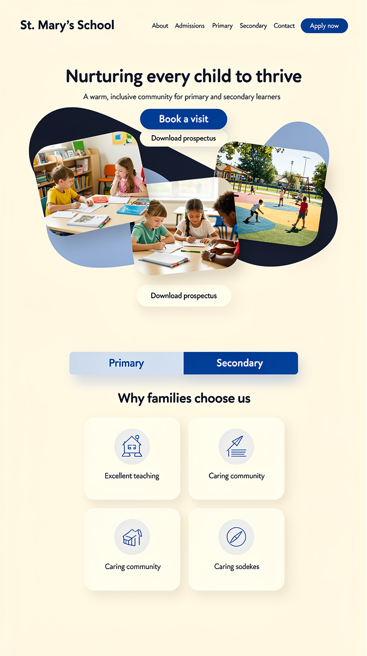 Full-page website mockup for "St. Mary's School" (primary + secondary). Direction 3 — Warm Rounded Friendly: soft cream background with heavily rounded cards (28px radii), a centered hero of layered overlapping photo cards of children in a classroom and playground, a friendly rounded-sans headline, soft navy-to-blue gradient blobs, and a chunky blue CTA button. Below: pill-shaped filter tabs for Primary / Secondary, a four-card "Why families choose us" row with simple line icons in pale blue circles, a timeline of the school day, event cards with dates, and a deep navy footer with a newsletter form. Palette navy #1e3a5f, blue #2563eb, pale blue #dbeafe, cream. Warm, welcoming, playful yet credible.