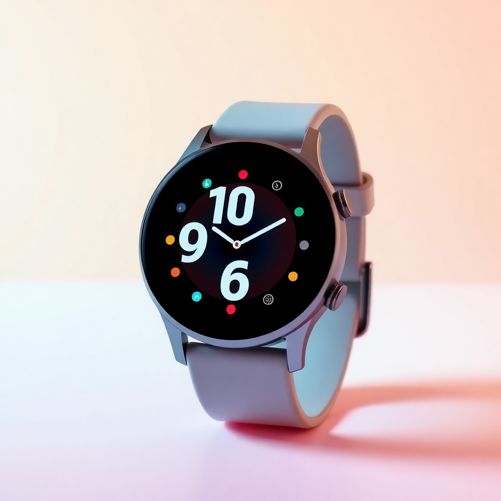 smartwatch displayed on a gradient background, showcasing its sleek design and vibrant display