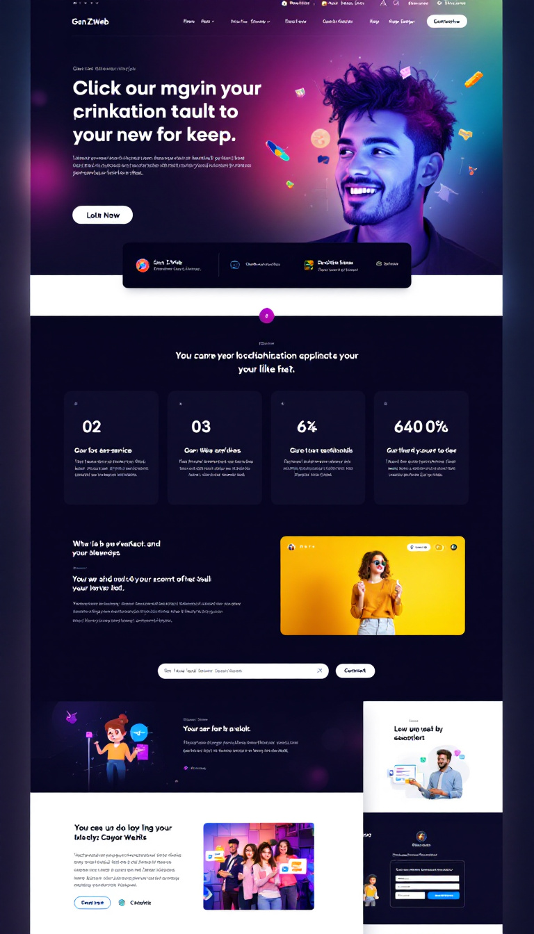 Design a cool and catchy one-page website for "Gen Z Web ๐," showcasing modern aesthetics and engaging visuals that appeal to a young audience. Include sections for services, testimonials, and contact information.