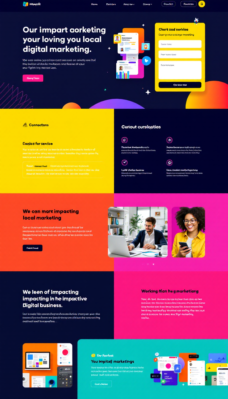 Design a vibrant one-page website for a local digital marketing business. Feature bright colors, modern elements, service descriptions, testimonials, and contact details to attract local customers seeking impactful marketing solutions.