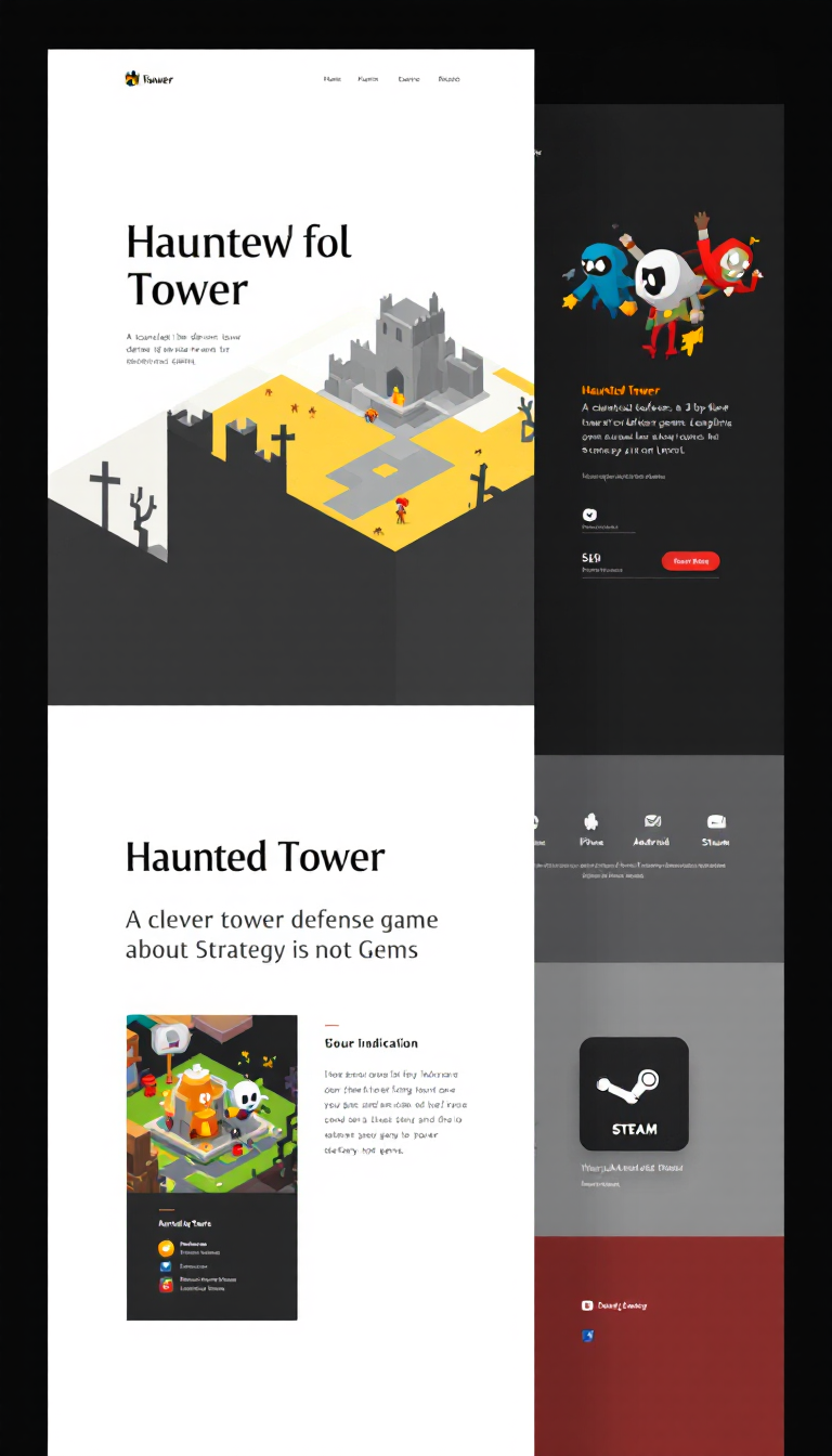 Design a one-page website for the game "Haunted Tower," a 2D top-down tower defense game. Include its tagline "A clever tower defense game about Strategy and not Gems," along with icons for iPhone, Android, Steam, and web availability.