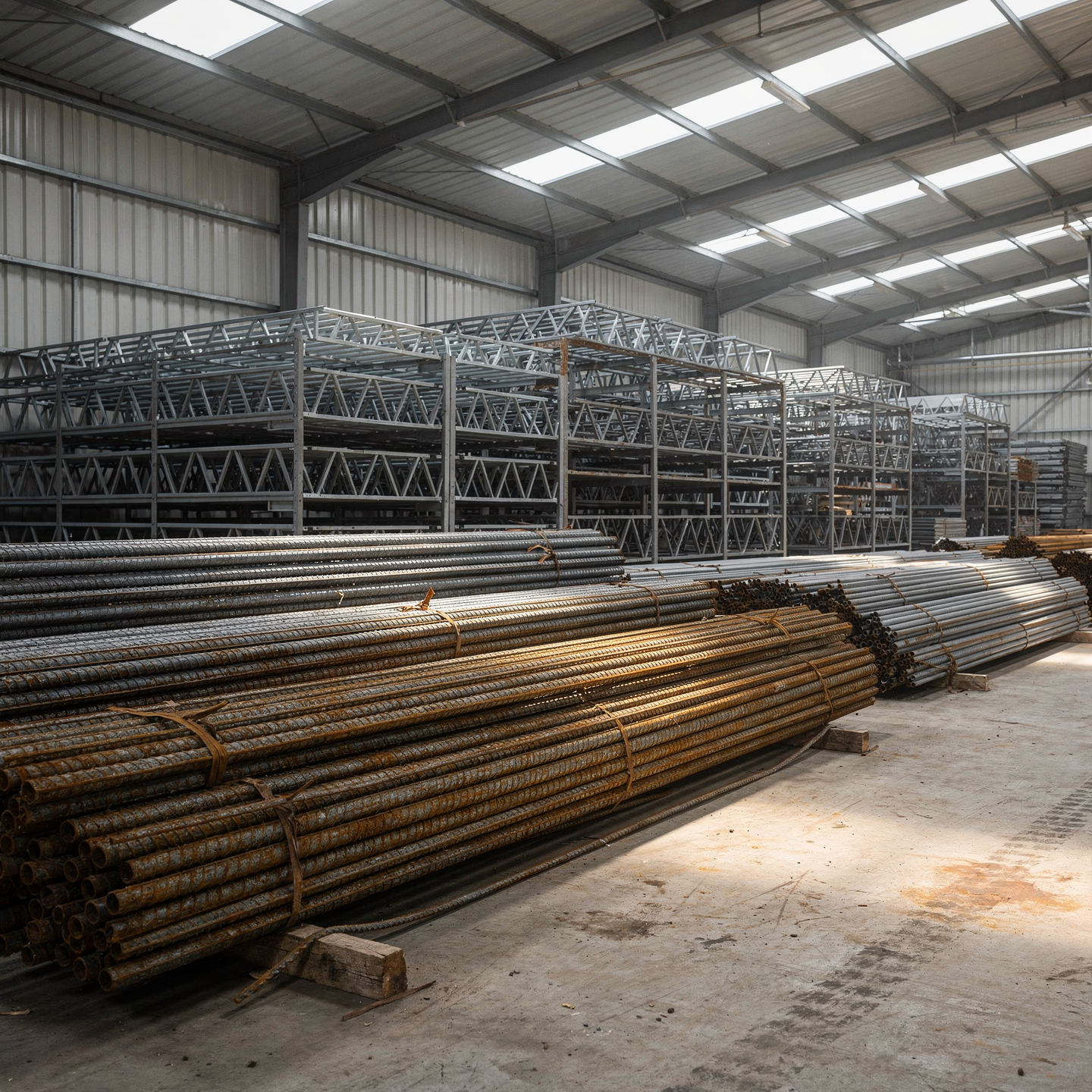 Stack of steel rebar bars and lightweight steel roof trusses in a construction material warehouse, industrial realistic photography, high detail