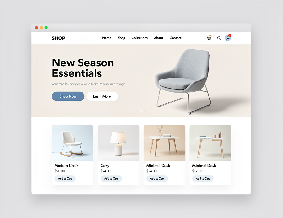 Browser window mockup of a clean modern e-commerce homepage layout with hero section, featured product grid, and navigation bar, flat UI design illustration, soft shadows, professional