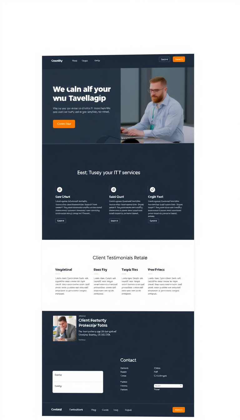 Design a clean one-page website for an IT consulting business, featuring a professional layout, services offered, client testimonials, and contact information. Focus on a modern aesthetic with easy navigation.