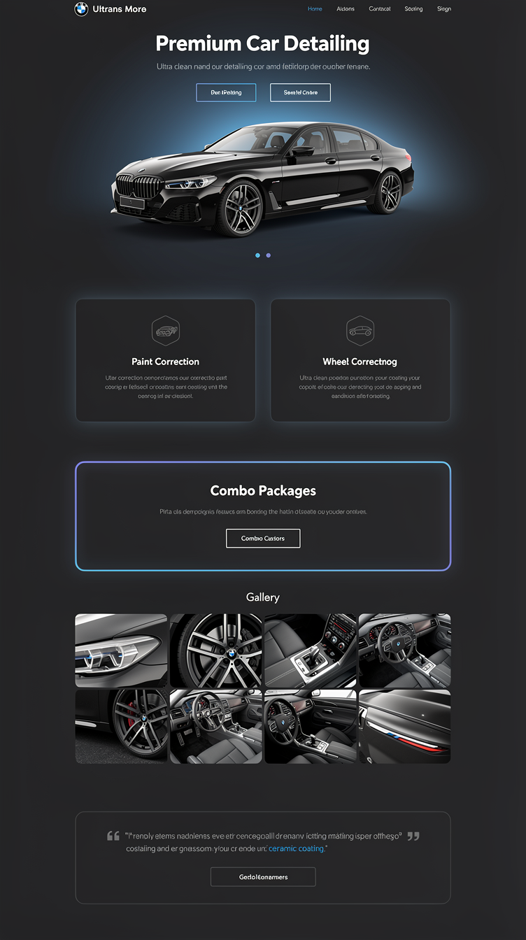 Minimalist premium car detailing homepage, deep charcoal background with soft radial blue glow behind hero car image, centered hero with slim modern sans-serif headline and understated CTA buttons with thin blue outlines. Services presented as a clean 2x2 card grid with icon badges, rounded corners, subtle border glow on hover. Combo packages shown as a single wide dark banner card with blue gradient border. Gallery of detailing close-up shots in a tight grid, testimonials in simple centered quote cards. Calm, confident, Scandinavian-inspired minimalism meets automotive luxury.