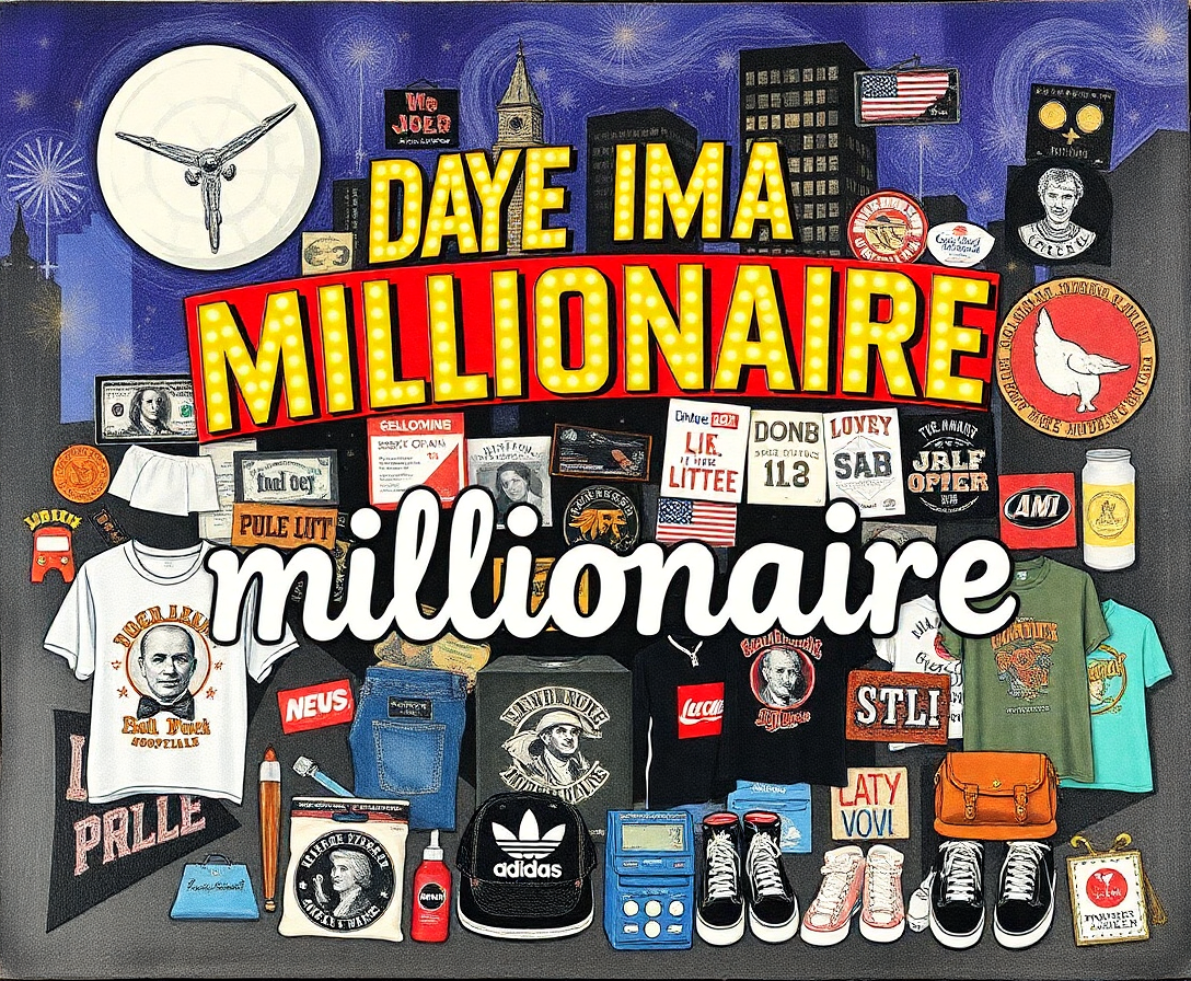 collage of days till i'm a millionaire clothing items and street art