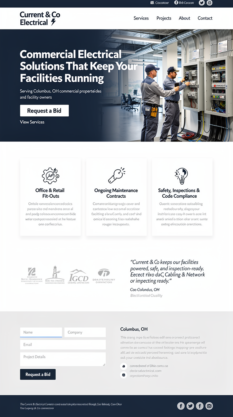 One-page homepage for Current & Co Electrical, a Columbus, OH commercial electrical contractor serving property managers, general contractors, and facility owners — clean, professional industrial layout in steel blue and gray, structured and credibility-first. Hero headline with prominent “Request a Bid” CTA, short service blurbs (office & retail fit‑outs; ongoing maintenance contracts; safety inspections & code compliance; data cabling), client logos/testimonial strip, and contact/footer, minimal grid-based design with high-contrast typography.