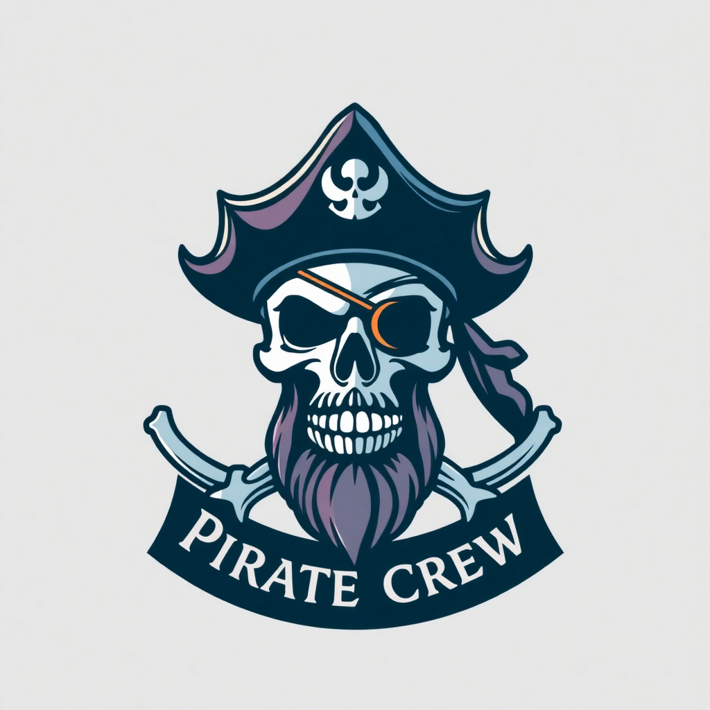 logo da pirate crew, um crânio pirata com um tapa-olho e um chapéu de capitão