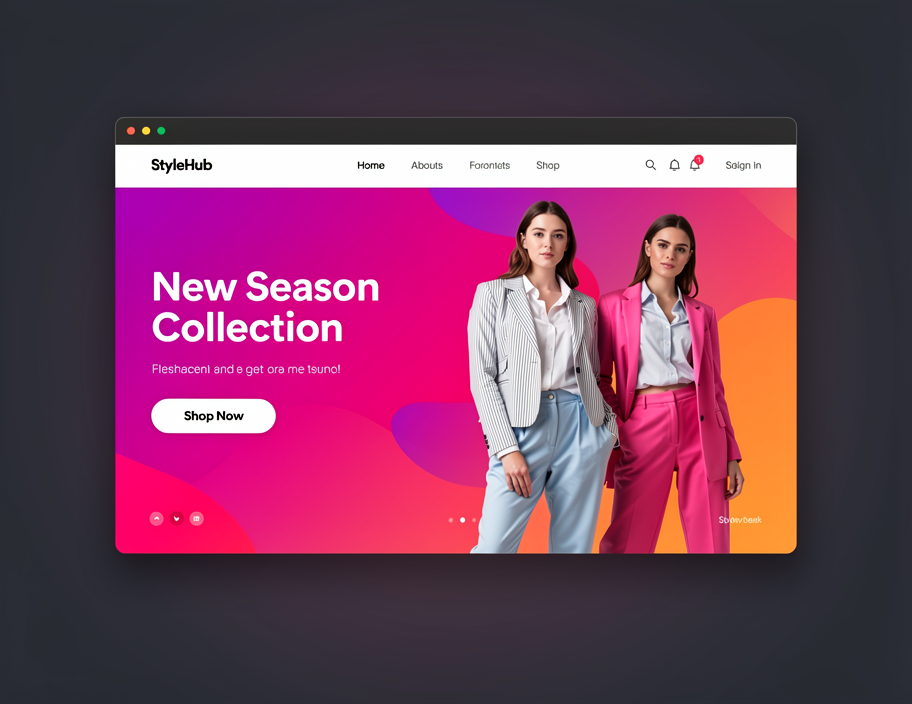 Browser window mockup showing a bold vibrant hero banner section of an online fashion store, gradient background, product photography, modern flat UI design illustration, dark surrounding frame