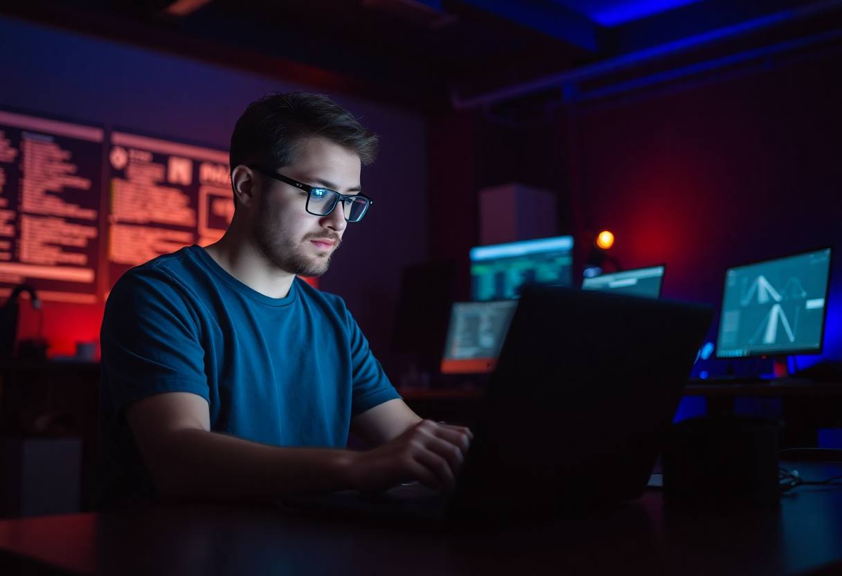 a developer working on a laptop in a dimly lit room with blue and orange lighting