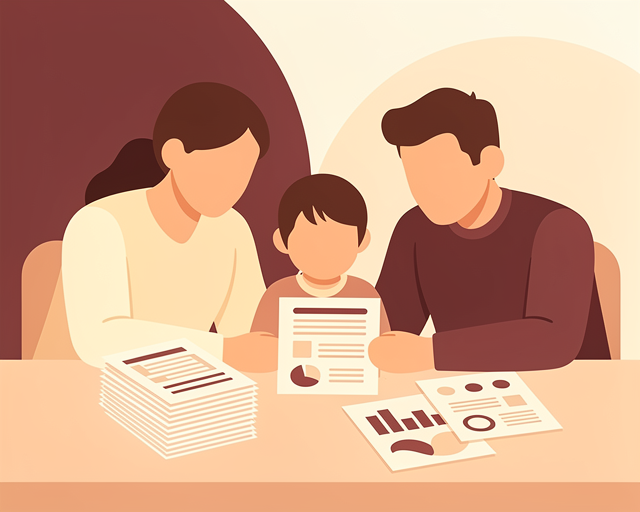 Warm flat vector illustration: Illustration of a family reviewing pricing paperwork together. Simple friendly shapes, cohesive warm palette of maroon and cream tones, no text or labels.
