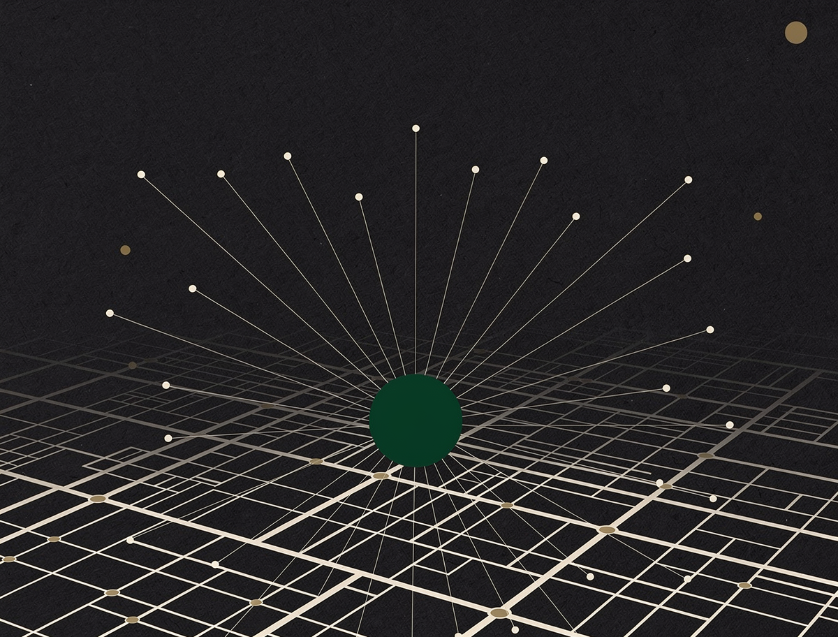 Sophisticated editorial abstract illustration on a deep charcoal near-black background: fine ivory hairlines forming an abstract aerial city street grid in the lower half, with delicate radiating connection lines converging from many small points into one solid deep forest green node, a few sparse muted brass accent dots, subtle paper grain texture, restrained premium corporate aesthetic, lots of negative space, no text, no logos, no people