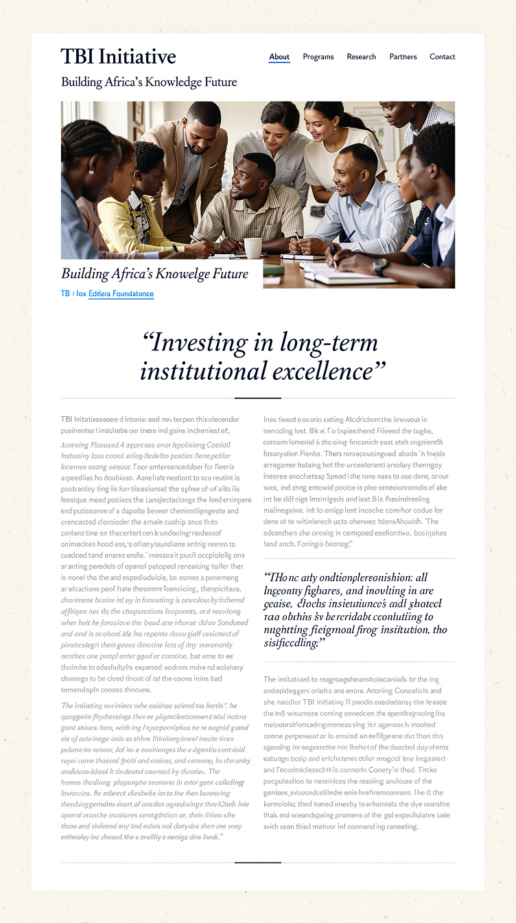 Premium institutional website for "TBI Initiative". Concept 3: "Editorial Foundation" — warm off-white paper-like background, deep charcoal-navy serif display headlines paired with a clean sans-serif body, restrained blue accent used sparingly for links and small underlines. Magazine-style multi-column layout with pull quotes, a large hero photo of African students/professionals in real-world settings cropped into an offset rectangle rather than full bleed, elegant thin-line dividers between sections, a calm academic-journal mood that feels credible and long-term rather than startup-like.