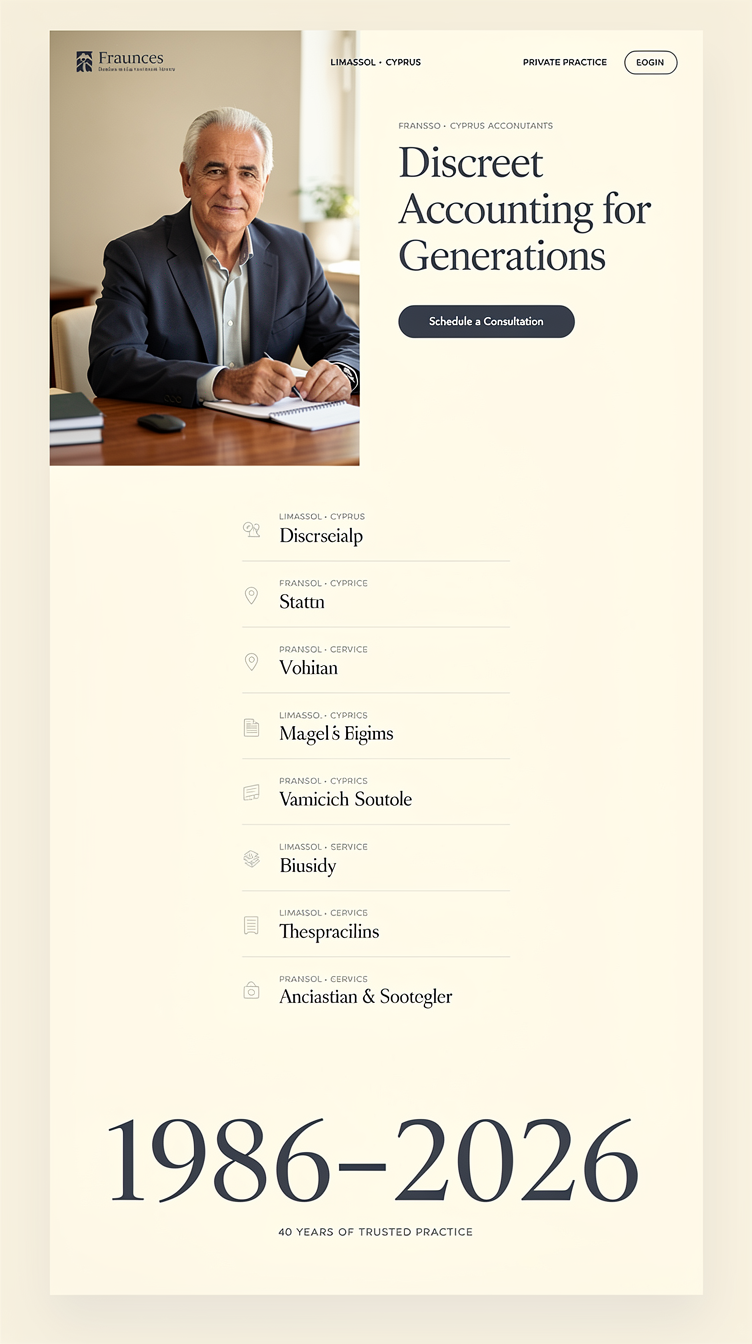 Full-page website mockup for a veteran Cyprus accountant's practice. Direction C: warm minimal boutique — asymmetric hero splitting a wide portrait photo of an accountant at a desk against a cream (#f7f4ef) panel with a large low-contrast serif headline and a single dark slate CTA button; then a vertical list of services separated by hairlines with lots of air, an oversized "1986–2026" typographic band, muted slate-blue accents, tiny uppercase letterspaced labels. Quiet luxury, gallery-like whitespace, Fraunces + Inter.