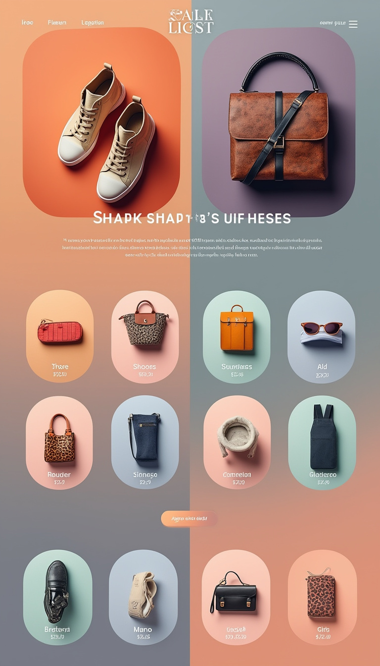 Create a simple one-page website layout featuring vertical scrolling. The central section should showcase large images of products like shoes, bags, and sunglasses, with rounded product cards arranged in a grid below. Use a dual-gradient background of orange and muted purple-blue, and incorporate a minimal navigation bar with white icons. Display each product card with images, prices, and an "add to cart" button, all using a modern sans-serif font. Add subtle hover effects and visual accessories that reflect the product theme for added interest.