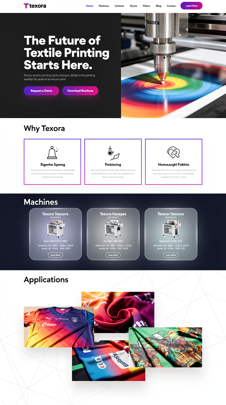 Premium industrial-futuristic homepage for Texora textile printing machines, light theme with dark contrast sections. Off-white (#f5f3ff) background sections alternating with deep charcoal-black sections, vivid violet-to-magenta gradient accents on buttons and section dividers. Hero uses a split layout: left bold oversized headline "The Future of Textile Printing Starts Here." in a tight modern grotesk font, subheading, two CTAs, right side large cropped photo of a sleek printer nozzle spraying colorful ink onto fabric with motion blur. Why Texora as a 4-column icon grid with thin gradient borders. Machines section as a horizontal scroll-style row of premium glassmorphic cards over a dark navy backdrop. Applications shown as overlapping colorful fabric photo tiles like a mood board. Clean generous whitespace, bold confident typography, sharp geometric shapes, corporate-tech polish like a semiconductor or robotics company site.