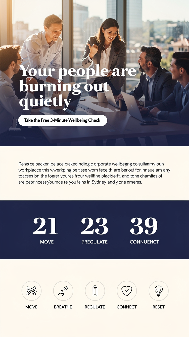 Premium, calm landing page for JEEVI Workplace Wellbeing, a science-backed corporate wellbeing consultancy for HR leaders in Sydney and Wollongong. Full-bleed hero photo of confident diverse Australian office professionals in a bright modern workspace, deep sapphire (#1e3a8a) overlay gradient into off-white (#eff6ff), bold serif-meets-clean-sans headline "Your people are burning out quietly", small white CTA button "Take the Free 3-Minute Wellbeing Check". Below: a frustration section with a short dark statement on off-white, then a full-width statistics band on deep sapphire with three giant white numbers. Then a five-icon horizontal row MOVE BREATHE REGULATE CONNECT RESET as minimal line icons in circles. Generous whitespace, sophisticated grid layout, editorial magazine feel, no yoga or spa imagery, mobile-first single column flow implied.