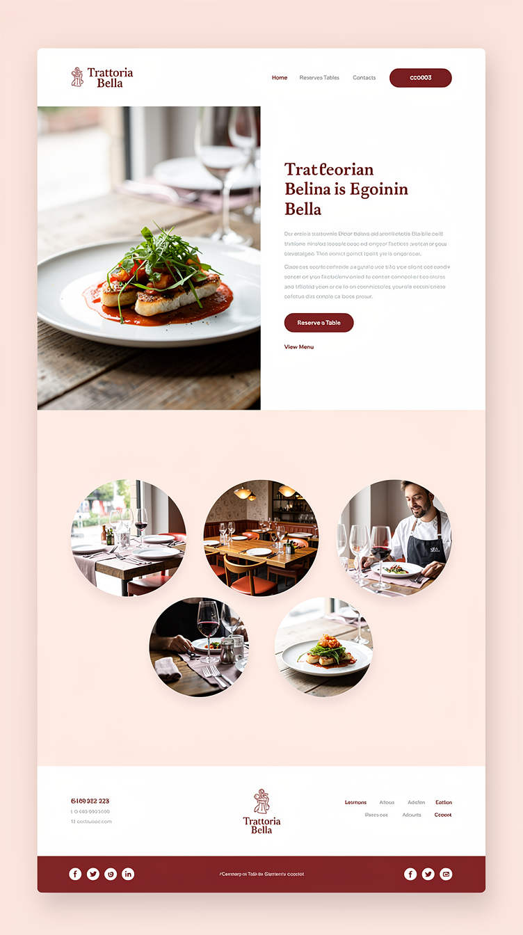 Modern Italian restaurant homepage "Trattoria Bella". Light blush (#fee2e2) background, split-screen hero with photo on one side and text on the other, cherry red buttons, generous whitespace, circular photo gallery, clean modern sans+serif mix. Fresh, boutique, contemporary.